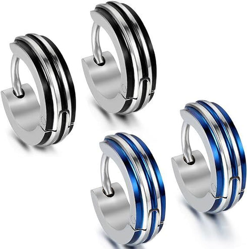 316L Surgical Steel Striped Blue/Black Men Women Hypoallergenic Hoop Earrings